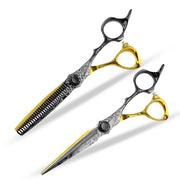 FnLune 6.0 Black Gold Flower Handle Double Sided Hairdressing Flat Scissors - FnLune