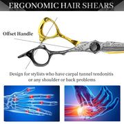 FnLune 6.0 Black Gold Flower Handle Double Sided Hairdressing Flat Scissors - FnLune