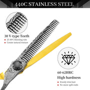 FnLune 6.0 Black Gold Flower Handle Double Sided Hairdressing Flat Scissors - FnLune