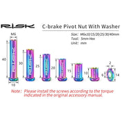 FnLune RISK Road Bike C Brake Pivot Center Nut with Washer c Front Rear Brake Caliper Screw Bolt Titanium Alloy M6x10/15/20/25/30/40mm - FnLune